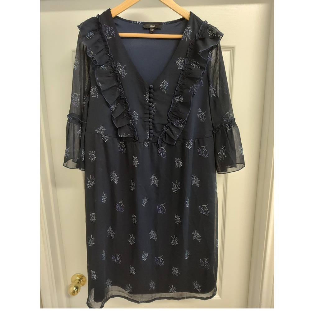 Ellos Navy Blue Floral Ruffle V-Neck‎ Boho Shift Dress Womens 14 3/4 Bell Sleeve